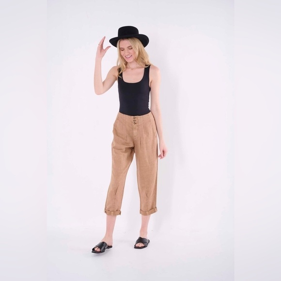 Marrakech Brown Tan Cedar Nicola Solid Pleated Pant LINEN Blend  Size 30 Large - Picture 1 of 13